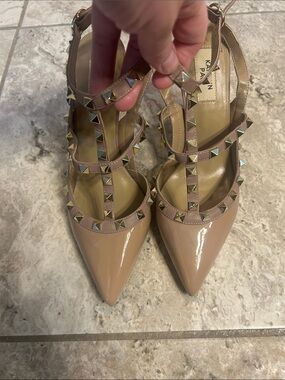 Kaitlyn Pan Nude Studded Pointed-Toe T-Strap Pumps/ knock off Valentino.